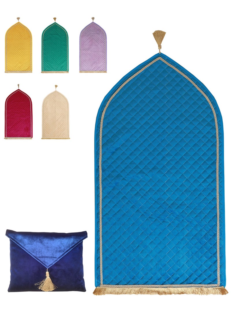 Velvet Muslim Prayer Mat Thick Soft, Soft Prayer Rug,Prayer Rug with Tassels, Foldable Flannel Prayer Rug for Men & Women, Prayer Mats for Ramadans Eid, Daily Salah, Blue - Image 1